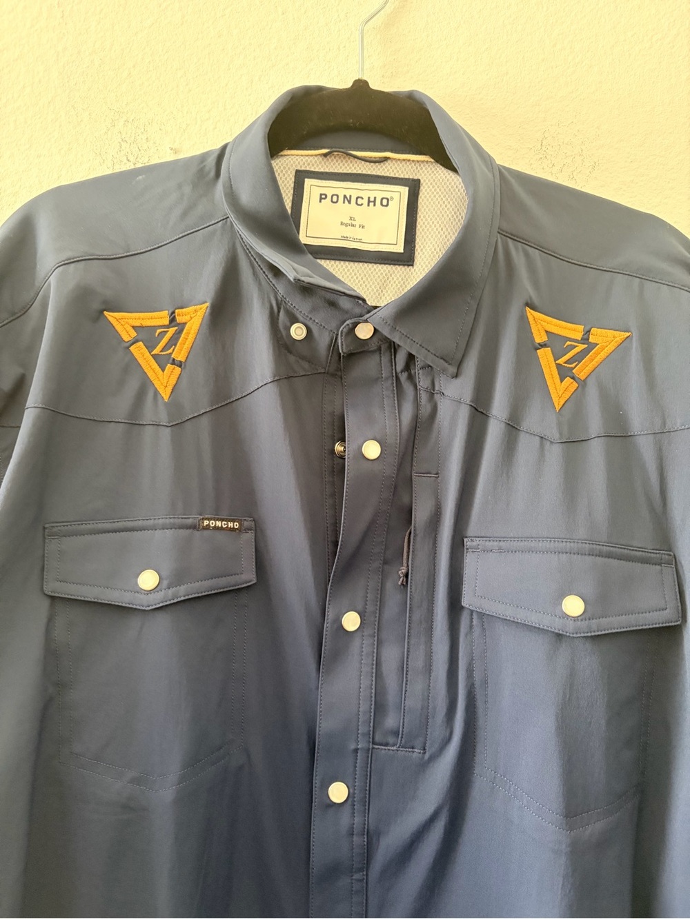 PONCHO Men's Navy Casual Button-Down Shirt with Contrast Patches